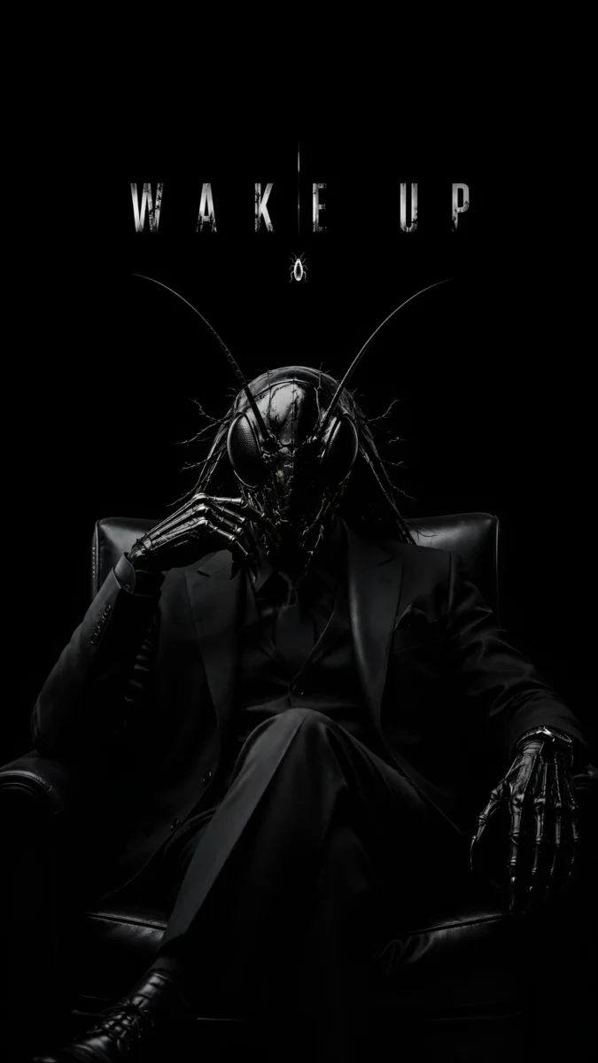 Hd image and wallpaper of a dark humanoid cockroach figure sitting in a black suit with cinematic lighting, perfect for cockroach party, cockroach janata party, and cockroach party image.