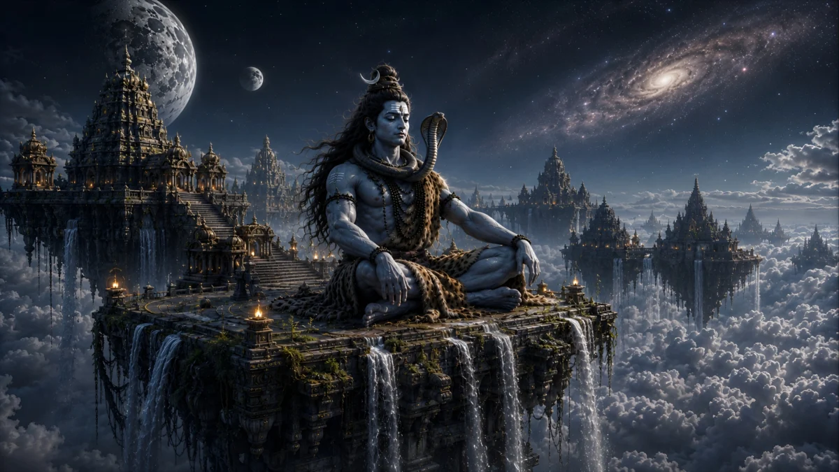 hd image and wallpaper of Lord Shiva meditating on a floating celestial temple above clouds, perfect for lord shiva wallpaper for pc, mahadev wallpaper for laptop, and shiva hd wallpaper for pc.