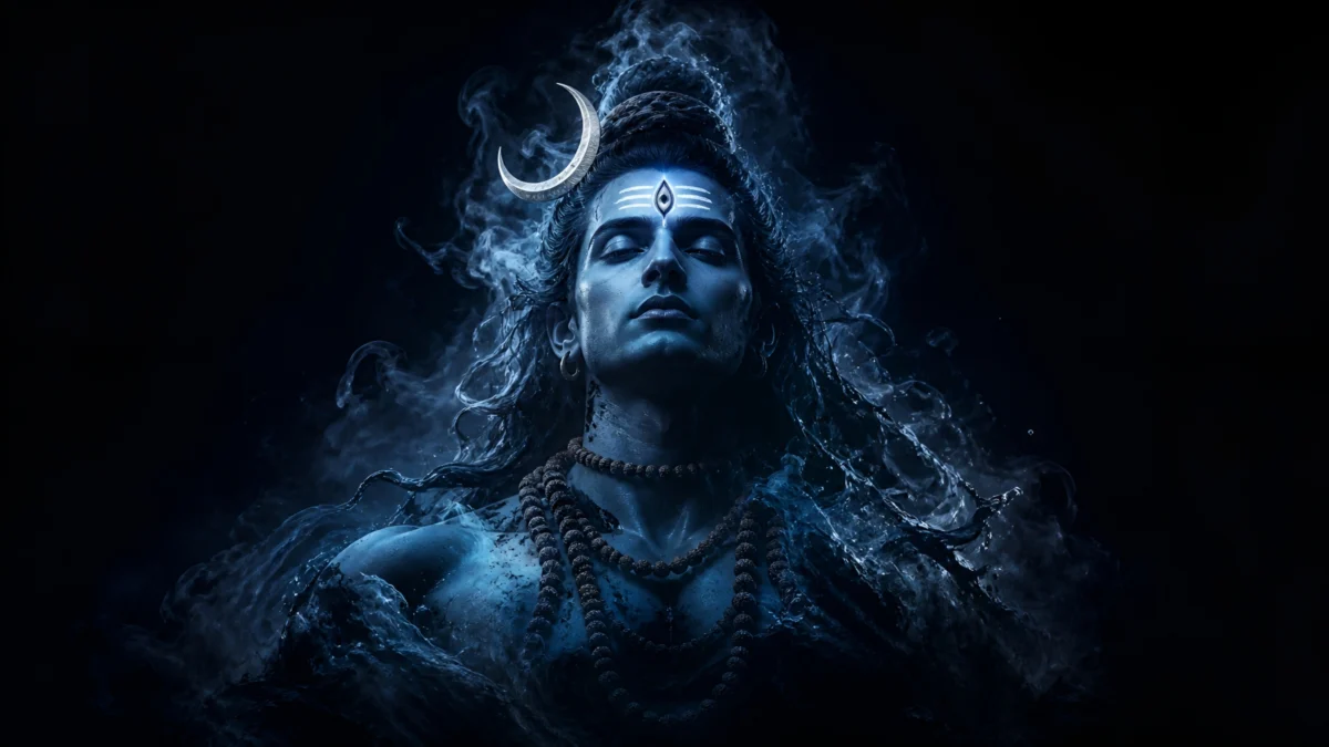 hd image and wallpaper of Mahadev in a dark cosmic smoke portrait with crescent moon and third eye, perfect for mahadev hd wallpaper for pc, shiva hd wallpaper for pc, and lord shiva wallpaper for pc.