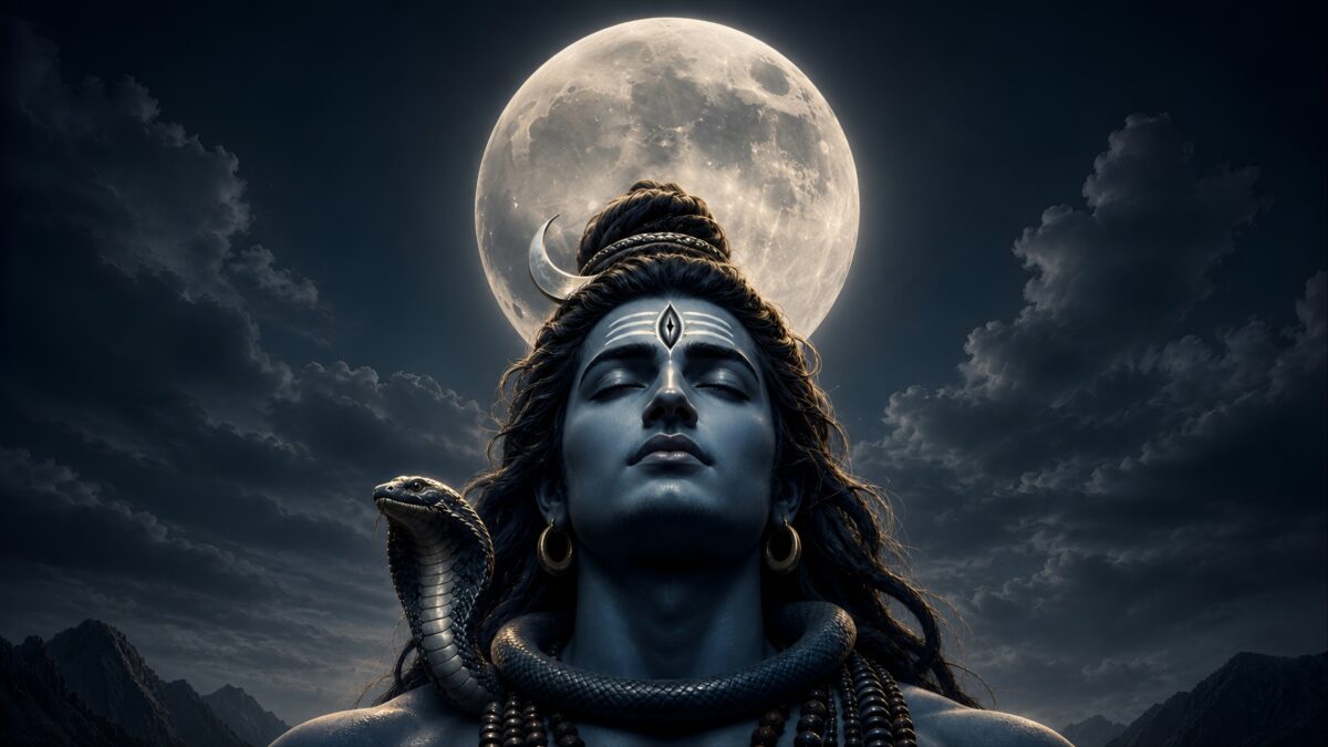 hd image and wallpaper of Mahadev close-up portrait with a realistic full moon and black cobra, perfect for shiva hd wallpaper for pc, mahadev hd wallpaper for pc, and lord shiva wallpaper for pc.
