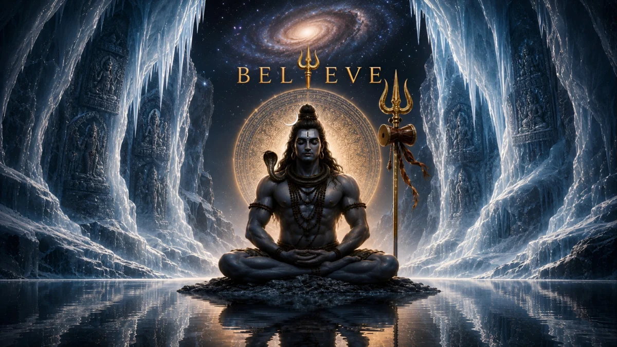 hd image and wallpaper of Mahadev meditating inside a cinematic ice cave with golden mandala and trishul, perfect for mahadev wallpaper for pc, mahadev hd wallpaper for pc, and shiva wallpaper for laptop.