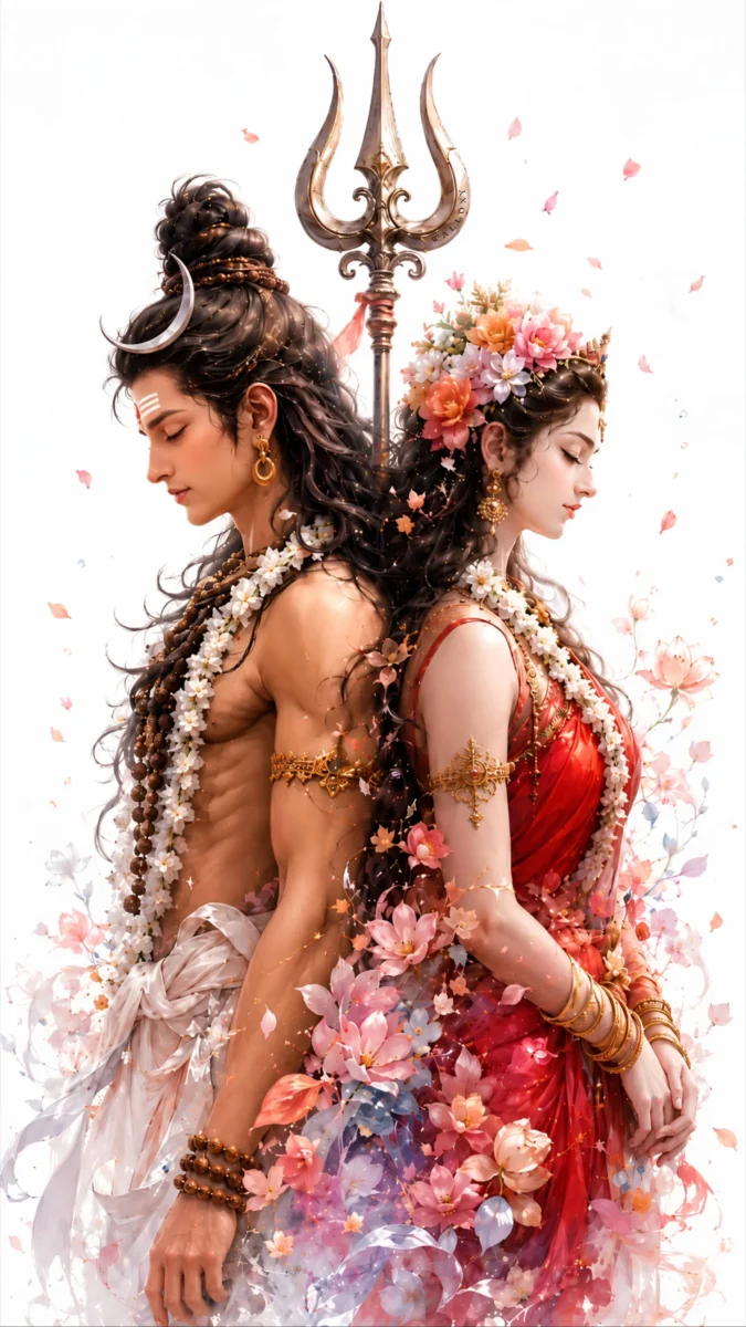 hd image and wallpaper of Mahadev and Parvati standing back to back with floral and white aesthetics background, perfect for mahadev parvati image, shiva parvati images hd, and mahadev parvati wallpaper.