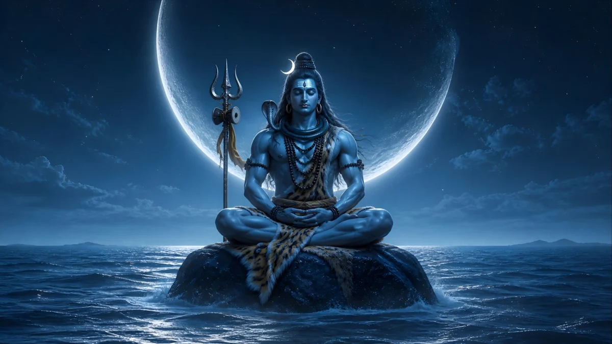 hd image and wallpaper of Mahadev meditating on a rock in a moonlit ocean, perfect for mahadev wallpaper for pc, mahadev hd wallpaper for pc, and shiva wallpaper for pc.