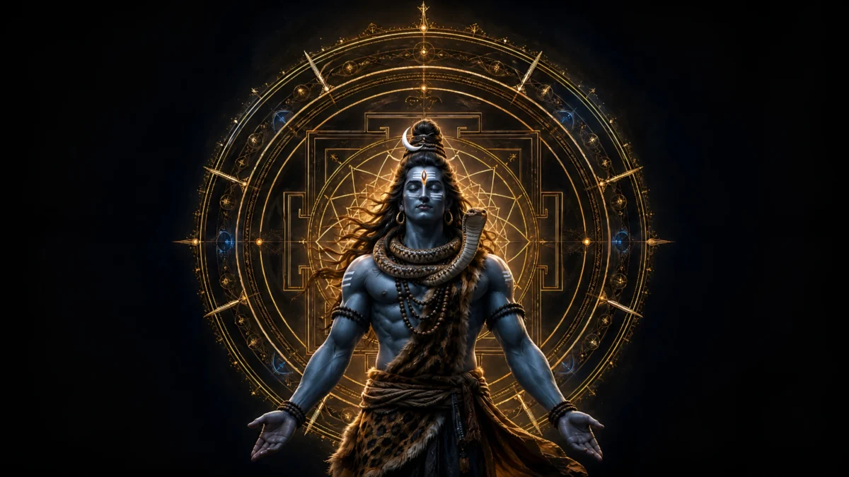 hd image and wallpaper of Mahadev standing in front of a golden sacred geometry mandala, perfect for mahadev wallpaper for pc, mahadev hd wallpaper for pc, and shiva wallpaper hd for pc.
