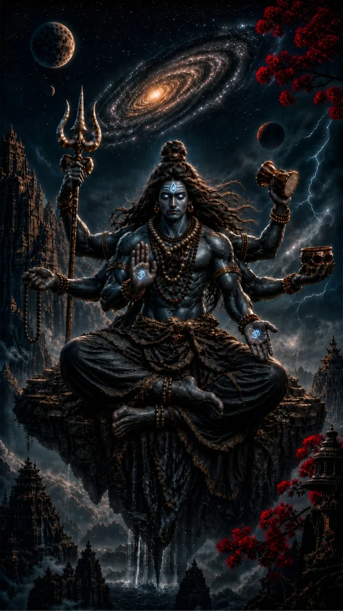 hd 3d image and wallpaper of Mahadev in a cosmic night sky with trishul, damru, temples, galaxy, and divine dark aura, perfect for mahadev wallpaper, shiva wallpaper, and mahadev photo hd.