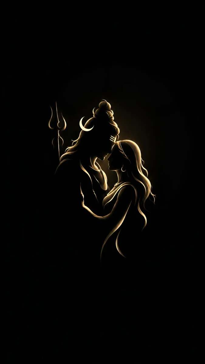 HD image and wallpaper of Lord Shiva and Parvati in a romantic dark silhouette art style with glowing divine outline, perfect for shiv parvati love art, shiv parvati images love, and shiva parvati wallpaper.