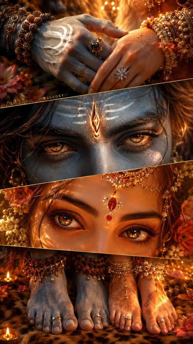 Hd image and wallpaper of Lord Shiva and Goddess Parvati showing a close-up of their holding hands, intense golden eyes, divine jewelry, and aesthetic feet, perfect for shiv parvati wallpaper, shiv parvati photo, and shiva parvati images.
