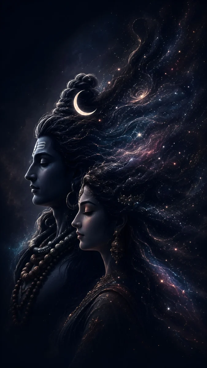 hd image and wallpaper of Lord Shiva and Goddess Parvati in a cosmic spiritual portrait with flowing galaxies, perfect for shiv parvati wallpaper, shiv parvati photo, and shiv parvati hd wallpaper.