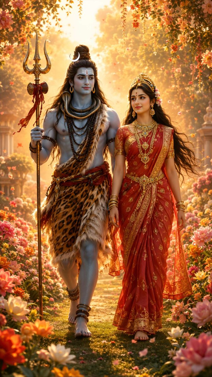 Hd image and wallpaper of Lord Shiva and Goddess Parvati walking together in a flower garden, perfect for shiv parvati wallpaper, mahadev parvati image, and shiv parvati hd wallpaper.