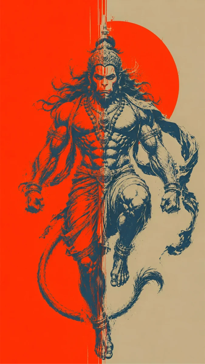 Hd image and wallpaper of Hanuman Ji artistic warrior illustration with powerful pose and modern graphic style, perfect for hanuman ji wallpaper, hanuman ji photo, and hanuman ji pics.