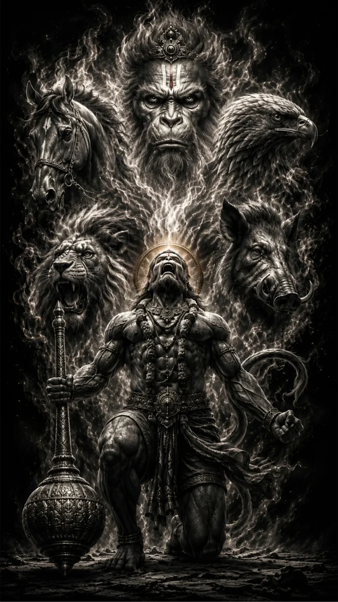 Hd image and wallpaper of Hanuman Ji in a powerful divine warrior form with gada and mystical energy background, perfect for hanuman ji wallpaper, hanuman ji photo, and hanuman ji ki image.