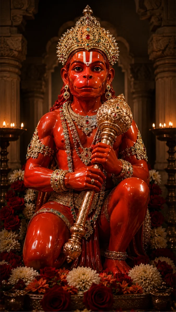 Hd image and wallpaper of an orange Lord Hanuman idol kneeling down while holding a golden gada, perfect for hanuman statue wallpaper, hanuman murti photo, and hanuman images hd.