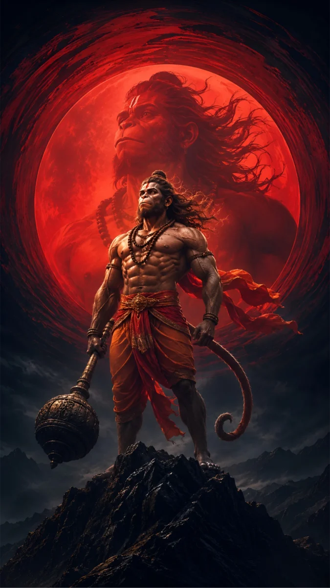 Hd image and wallpaper of Lord Hanuman standing on a mountain peak with a big red moon background, perfect for hanuman ji ki photo, bajrangbali photo, and hanuman ji pics.