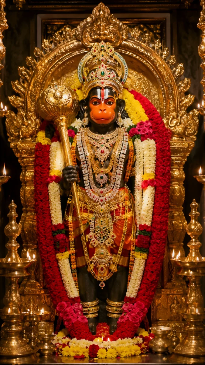 Hd image and wallpaper of Lord Hanuman black idol holding a golden gada in a temple, perfect for hanuman ji ki murti, hanuman ji photo wallpaper, and lord hanuman images hd.