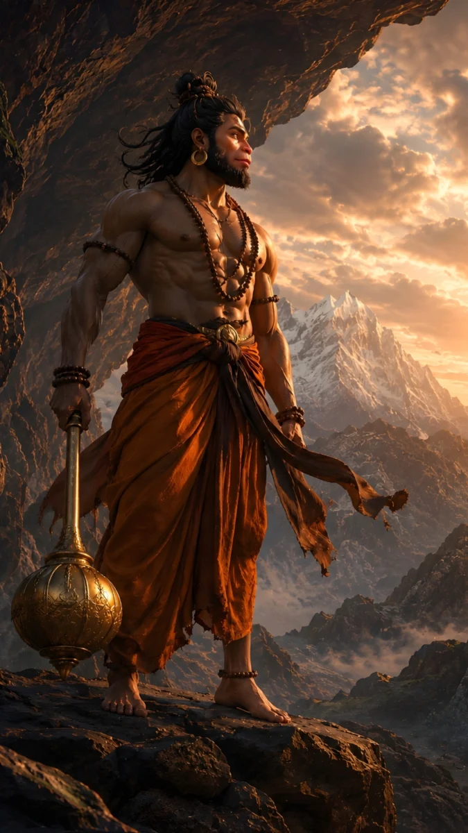 Hd image and wallpaper of Lord Hanuman standing on a mountain cliff with a golden gada near a cave, perfect for Lord Hanuman Ji Photo, Bajrangbali Pics, and hanuman ji wallpaper.