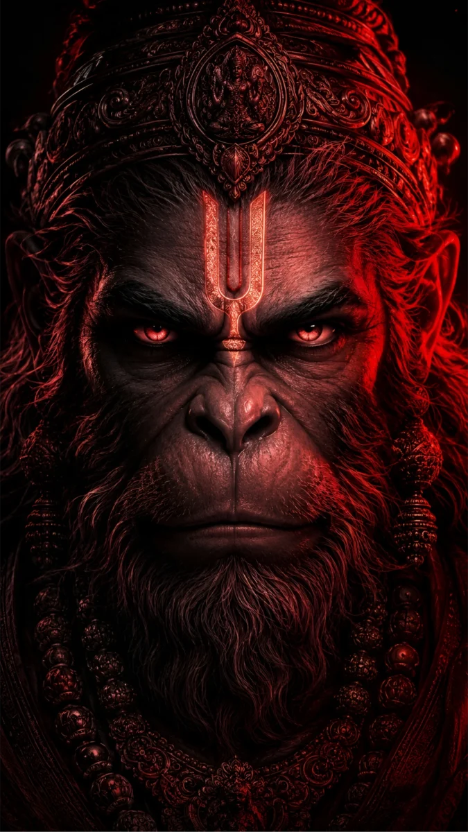 Hd image and wallpaper of Lord Hanuman in an angry fierce close-up look with red neon lighting, perfect for hanuman ji photo, hanuman ji wallpaper, and bajrangbali photo.