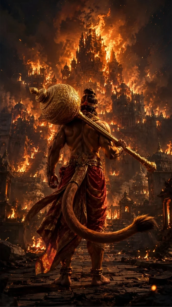 Hd image and wallpaper of Lord Hanuman from back view holding a golden gada in burning Lanka dahan scene, perfect for hanuman ji wallpaper, hanuman ji ki photo, and bajrangbali wallpaper.