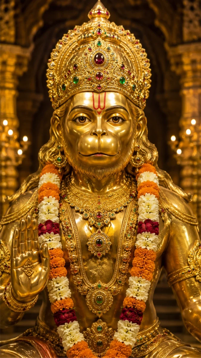Hd image and wallpaper of a glorious golden Lord Hanuman idol raising his hand in blessing inside a temple, perfect for hanuman ji wallpaper, hanuman murti photo, and hanuman ji photo.