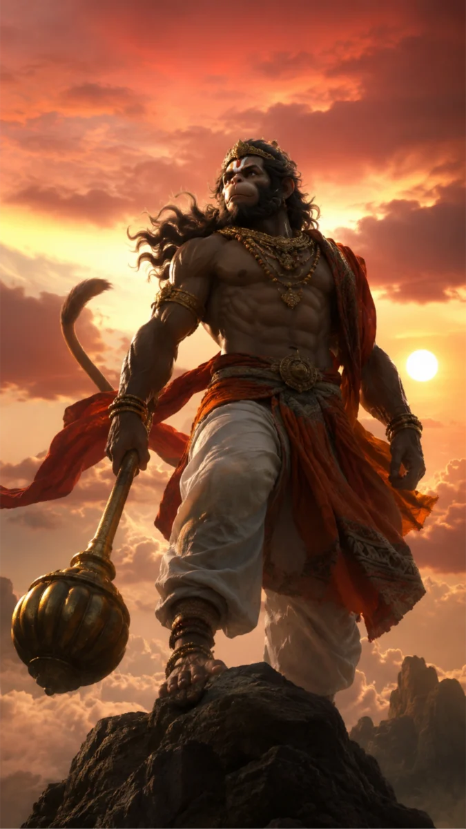 Hd image and wallpaper of Hanuman Ji standing with gada in a cinematic sunset background, perfect for hanuman ji wallpaper, hanuman ji photo, and hanuman ji ki image.