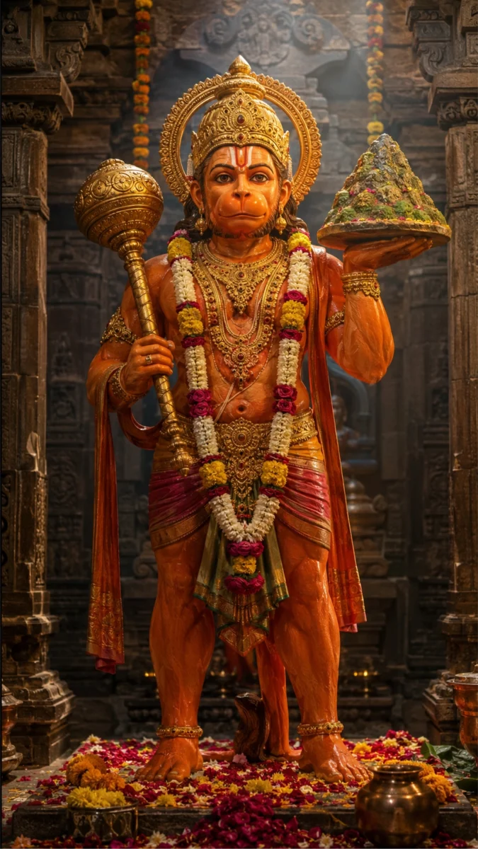 Hd image and wallpaper of a full-length orange Lord Hanuman statue holding a golden gada and the Sanjeevani mountain, perfect for hanuman images hd, hanuman wallpaper, and hanuman murti photo.