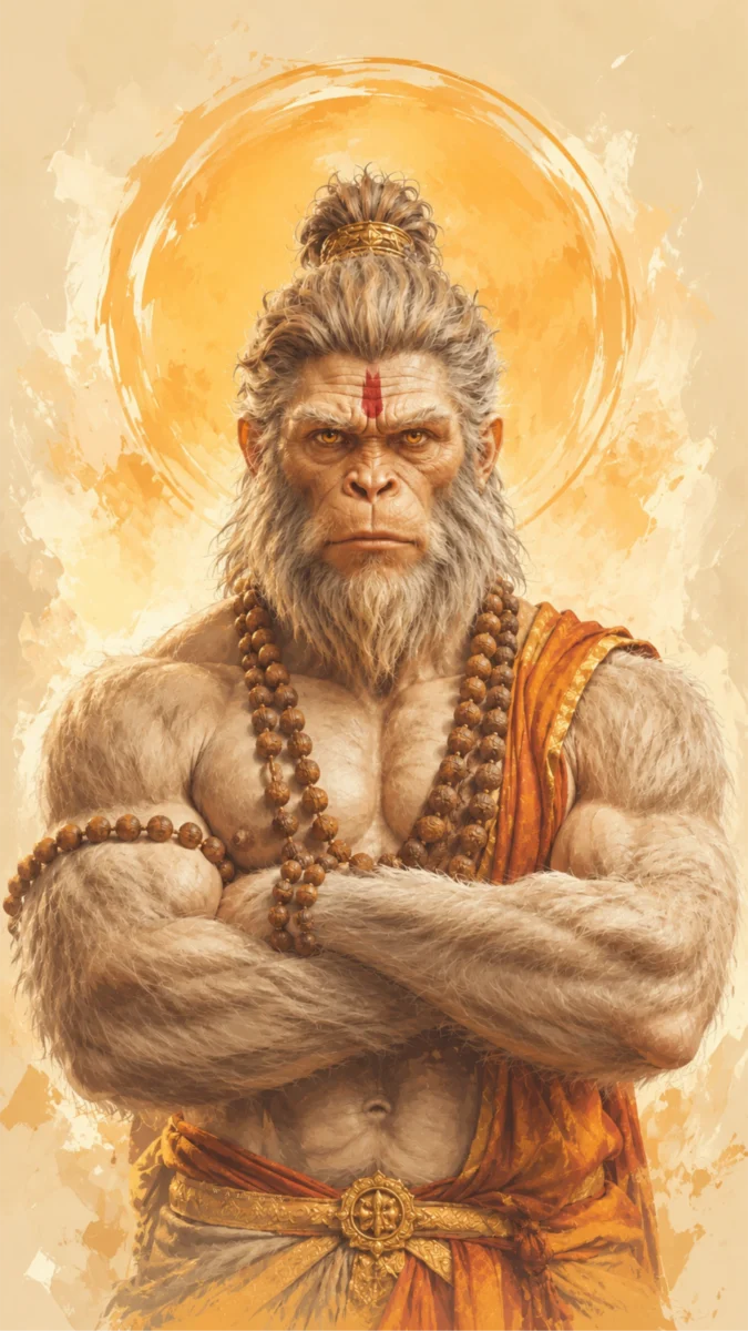 Hd image and wallpaper of Lord Hanuman with folded arms in a powerful meditative pose and a glowing yellow halo background, perfect for hanumanji photo, hanuman ji ka photo, and bajrangbali photo.