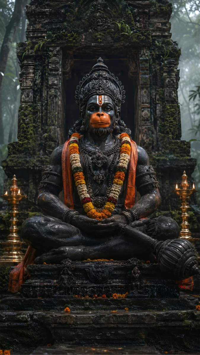Hd image and wallpaper of a serene black Lord Hanuman statue sitting in a meditative posture within an ancient stone temple, perfect for hanuman statue wallpaper, hanuman statue images, and hanuman ji photo.