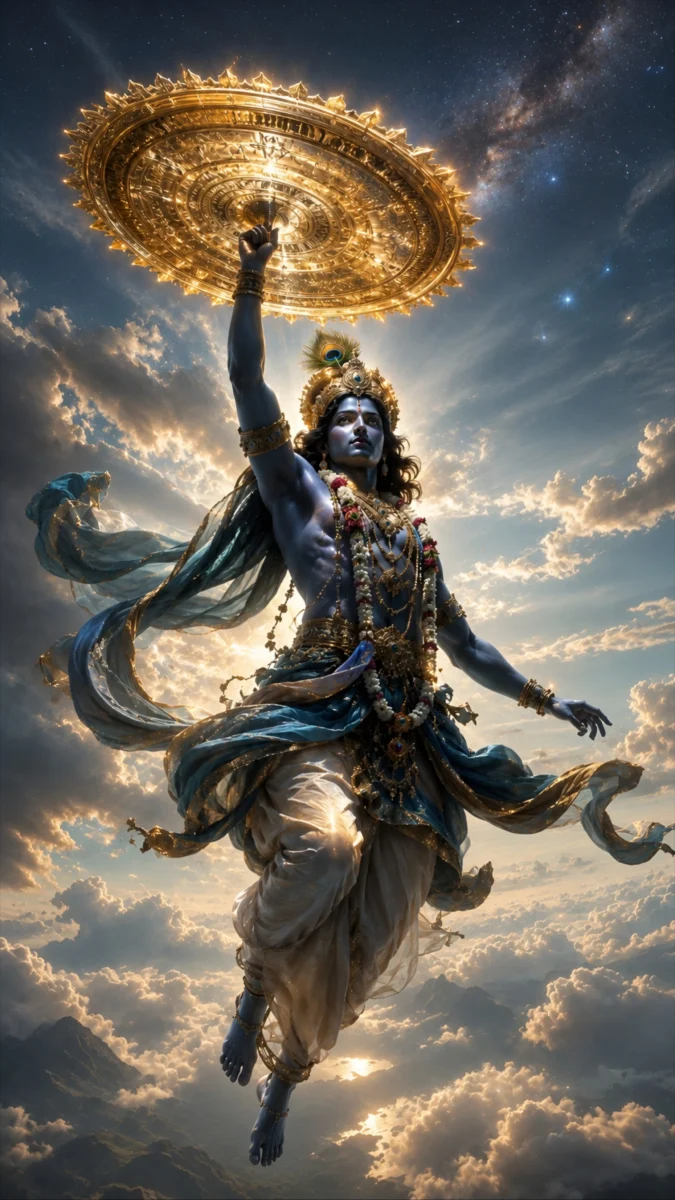 hd image and wallpaper of Krishna holding divine Sudarshan Chakra in the sky with a cinematic celestial background, perfect for krishna images, krishna wallpaper, and krishna wallpaper hd.