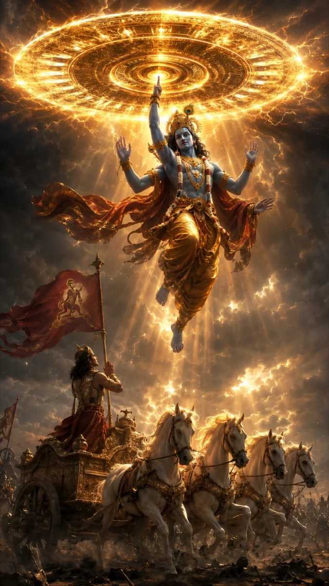 Hd image and wallpaper of Krishna with divine cosmic chakra energy above the battlefield and a cinematic mythological scene, perfect for krishna pic hd, krishna photo wallpaper, and krishna images hd.