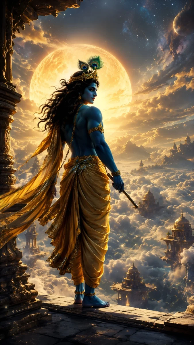 Hd image and wallpaper of Krishna standing on a heavenly palace above the clouds with a glowing moon and divine cinematic background, perfect for krishna pic, krishna images hd, and krishna images wallpaper and photo.