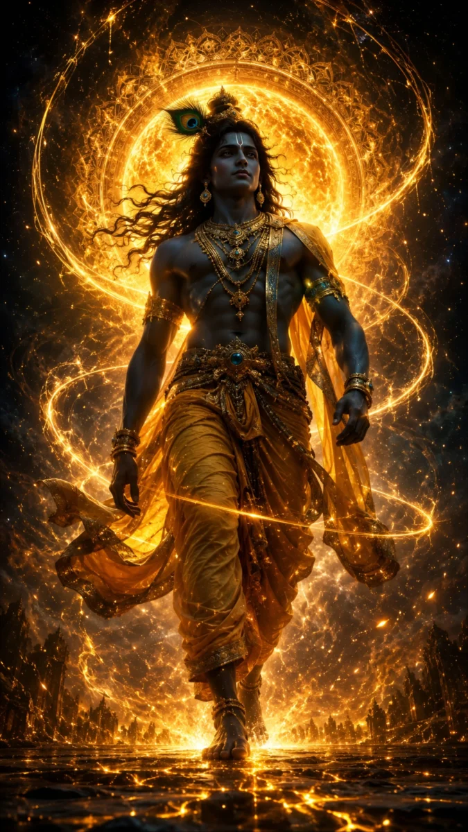 Hd image and wallpaper of Krishna with divine golden cosmic energy background and powerful celestial appearance, perfect for krishna wallpaper, krishna wallpaper hd, and krishna photo hd.