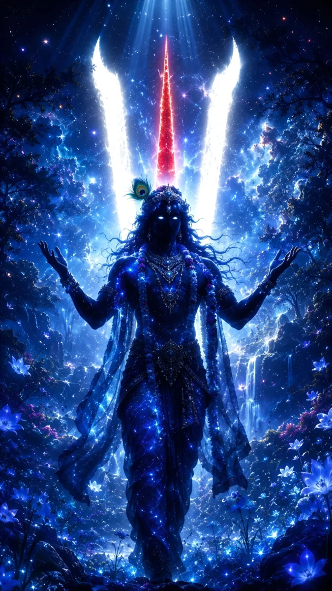 Hd image and wallpaper of Krishna with divine blue cosmic energy, glowing celestial background, and powerful spiritual appearance, perfect for krishna picture, krishna photo hd, and krishna pic hd.