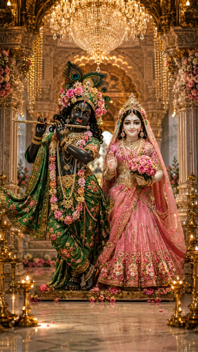 Hd image and wallpaper of a beautiful black Krishna idol alongside radha rani in a grand golden temple, perfect for radha krishna wallpaper, radha krishna statue images, and radha krishna murti pic.