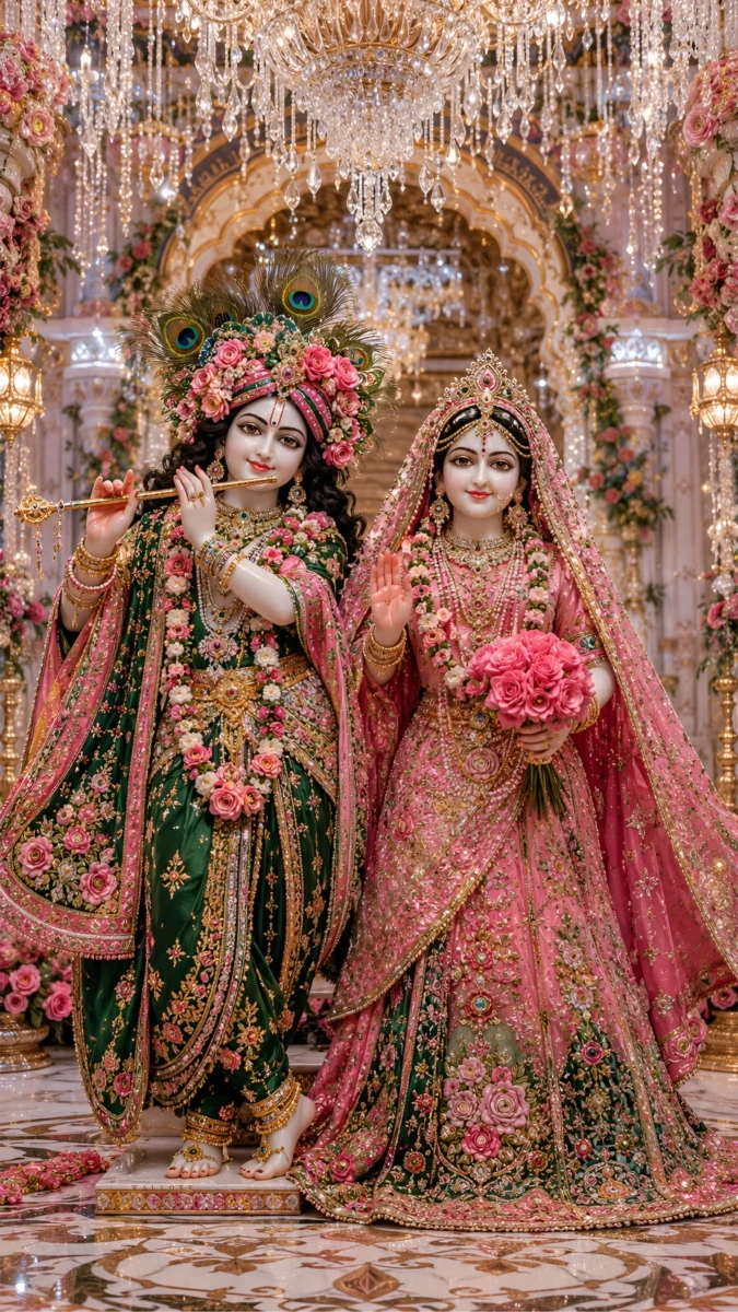Hd image and wallpaper of beautiful Radha Krishna idols decorated with pink flowers in a temple, perfect for radha krishna wallpaper, radhe krishna wallpaper, and radha krishna murti wallpaper.