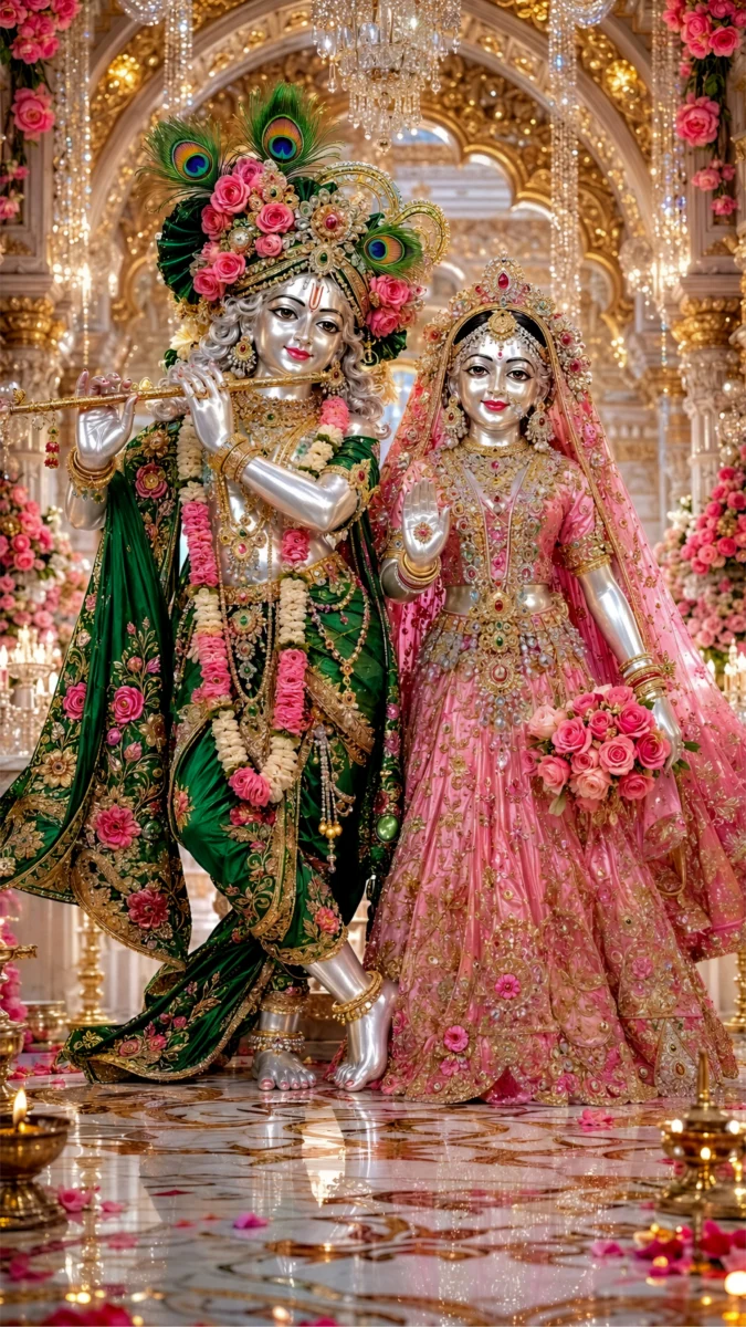 Hd image and wallpaper of exquisite silver Radha Krishna idols beautifully decorated with flowers in a palace like temple, perfect for radha krishna wallpaper, radha krishna statue images, and radha krishna murti pic.