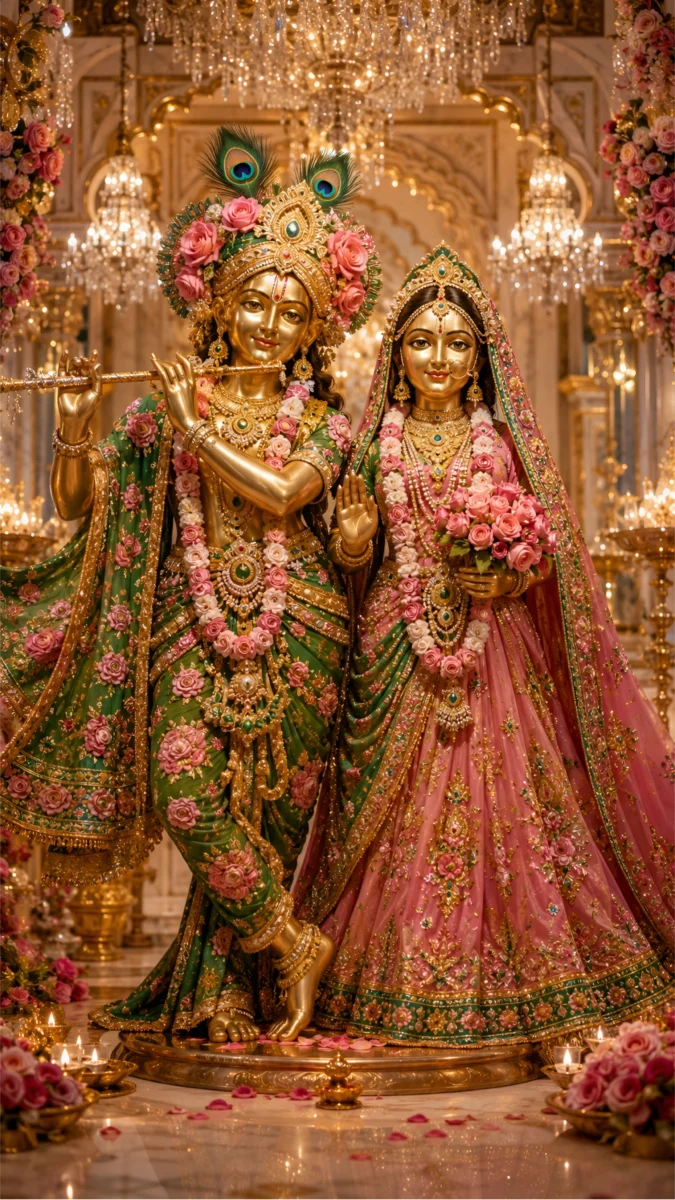 Hd image and wallpaper of golden Radha Krishna murti adorned in green and pink traditional attire inside a grand temple, perfect for radha krishna murti wallpaper, radha krishna statue images.
