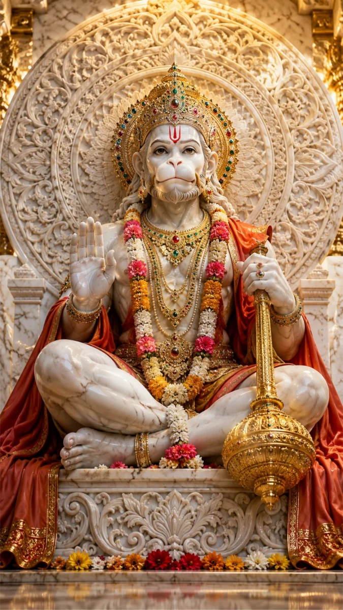 Hd image and wallpaper of a white marble Lord Hanuman statue in a blessing posture with a golden gada, perfect for hanuman wallpaper, hanuman murti image, and hanuman photos.
