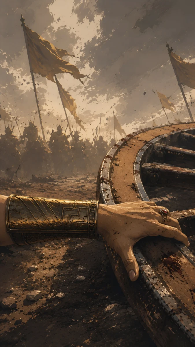 Hd image of a warrior's avhimanyu hand with a golden cuff gripping a massive chariot wheel on the battlefield, perfect for abhimanyu wallpaper, abhimanyu chakra, and abhimanyu photo.