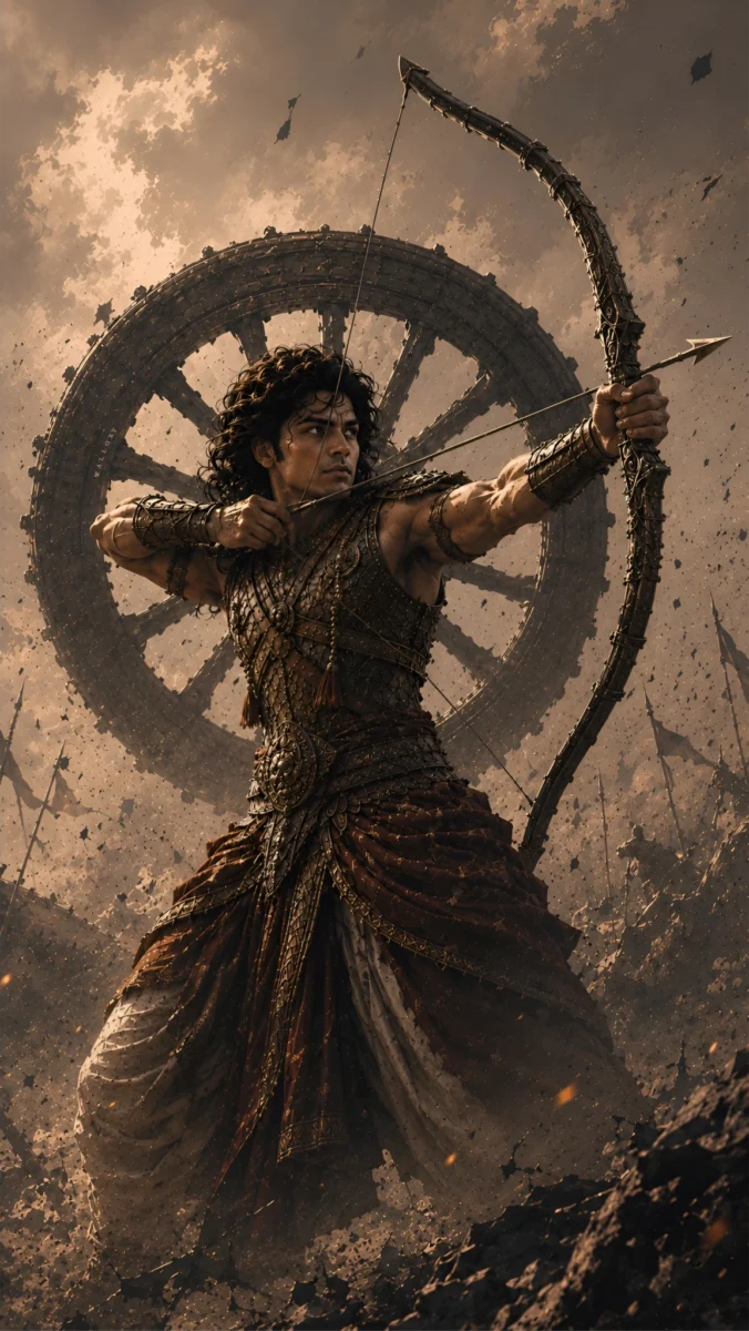 Hd image of young warrior Abhimanyu aiming a massive bow and arrow on the battlefield with a chariot wheel behind him, perfect for abhimanyu mahabharat images, abhimanyu wallpaper, and abhimanyu images.