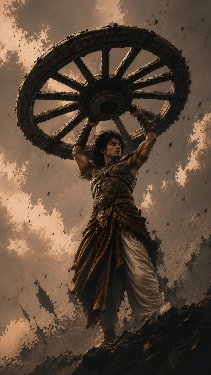Hd image of young warrior Abhimanyu lifting a massive wooden chariot wheel above his head on the battlefield, perfect for abhimanyu photo, abhimanyu wallpaper, and abhimanyu chakra.