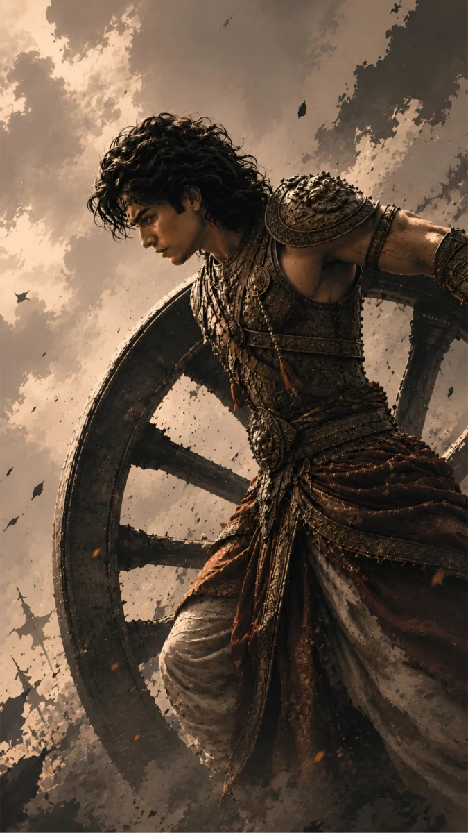 Hd image of young warrior Abhimanyu on the battlefield holding a large chariot wheel, perfect for abhimanyu wallpaper, abhimanyu images hd, and abhimanyu chakra.