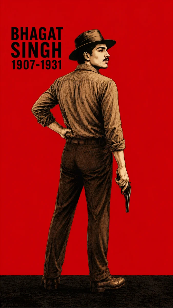 Hd image of Bhagat Singh in a back pose holding a revolver while looking over his shoulder against a bold red background, perfect for bhagat singh hd wallpaper, bhagat singh wallpaper hd, and shaheed bhagat singh wallpaper.