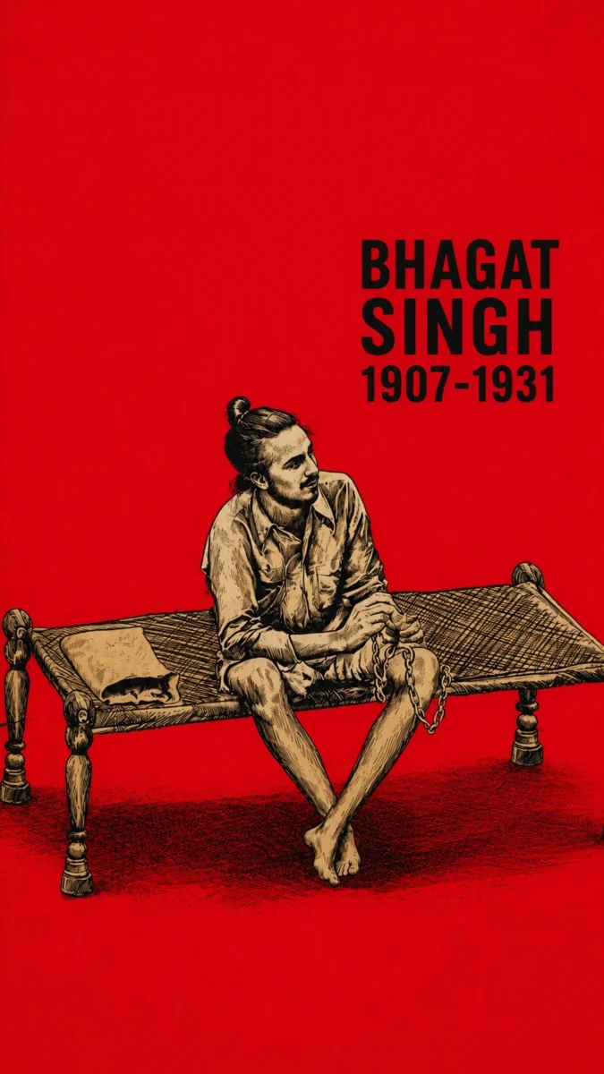 Hd image of Bhagat Singh sitting on a traditional charpai with chains against a bold red background, perfect for bhagat singh hd wallpaper, shaheed bhagat singh wallpaper, and bhagat singh wallpaper hd.