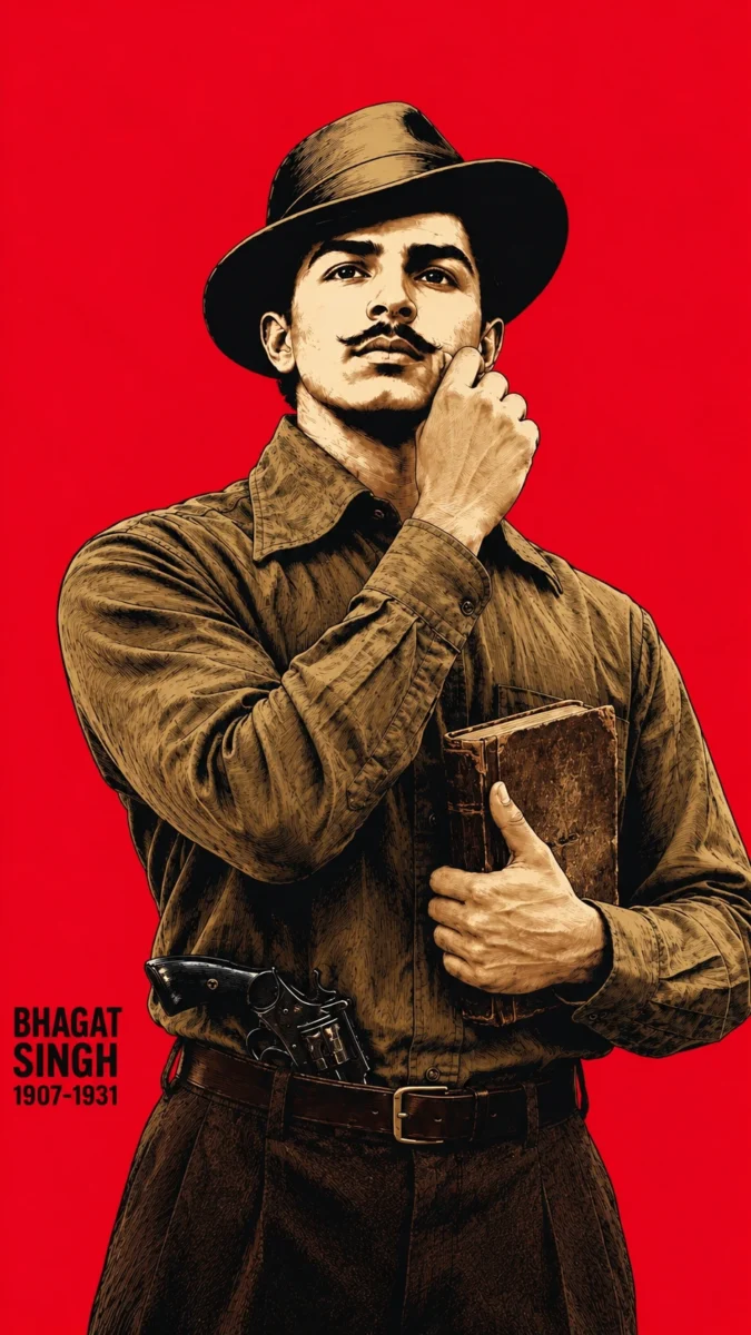 Hd image of Bhagat Singh holding a book while wearing his iconic hat against a bold red background, perfect for bhagat singh hd wallpaper, bhagat singh wallpaper hd, and shaheed bhagat singh wallpaper.