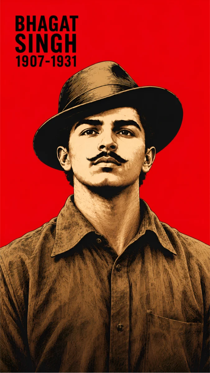 Hd image of Bhagat Singh in a close-up portrait wearing his iconic hat against a bold red background, perfect for bhagat singh hd wallpaper, bhagat singh wallpaper hd, and shaheed bhagat singh wallpaper.