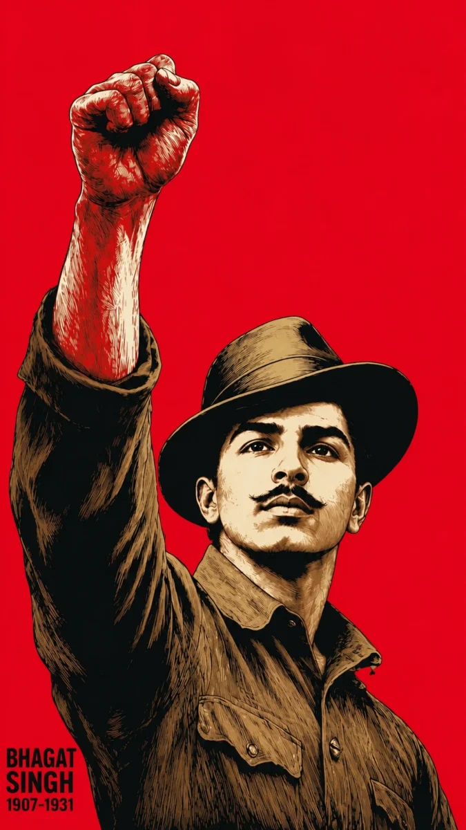 Hd image of Bhagat Singh raising a clenched fist with his iconic hat against a bold red background, perfect for bhagat singh hd wallpaper, bhagat singh wallpaper hd, and shaheed bhagat singh wallpaper.