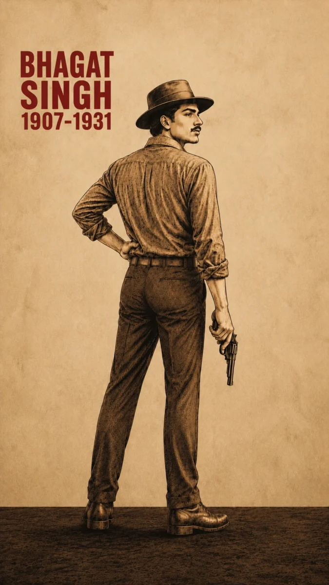 Hd image of Bhagat Singh in a vintage back pose holding a revolver while looking over his shoulder, perfect for bhagat singh hd wallpaper, bhagat singh wallpaper hd, and shaheed bhagat singh wallpaper.