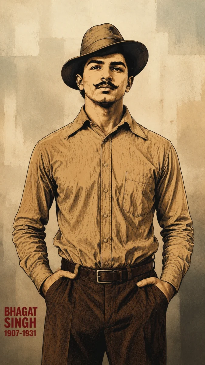 Hd image of Bhagat Singh standing confidently with both hands in his pockets, wearing his iconic hat against a vintage textured background, perfect for bhagat singh hd wallpaper, bhagat singh wallpaper hd, and shaheed bhagat singh wallpaper.