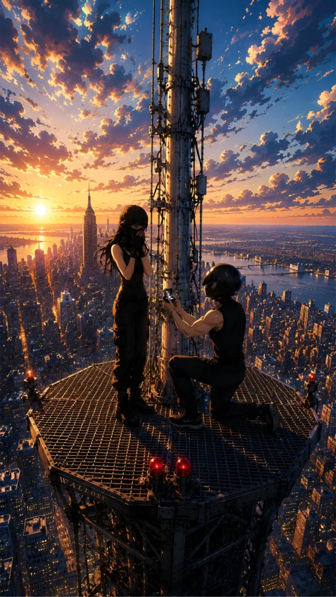 Hd image and wallpaper of an anime-style couple on a high tower platform during a romantic sunset proposal overlooking the city skyline, perfect for boy proposing girl hd wallpaper, love couple images, and . couple empire state building.