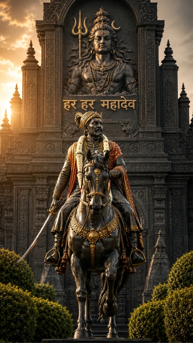 Hd image of the statue of Chhatrapati Shivaji Maharaj riding a majestic horse in front of a grand Mahadev temple monument, perfect for shivaji maharaj wallpaper, shivaji maharaj wallpaper hd, and chhatrapati shivaji maharaj wallpaper.