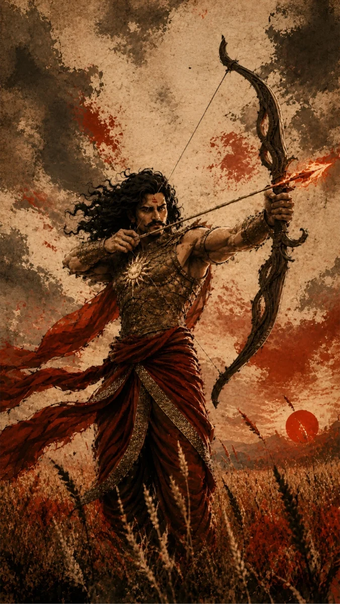 Hd image and wallpaper of Danveer Karna standing in a golden wheat field while pulling back a massive bowstring, perfect for danveer karna wallpaper, karna wallpaper phone, and karna images.
